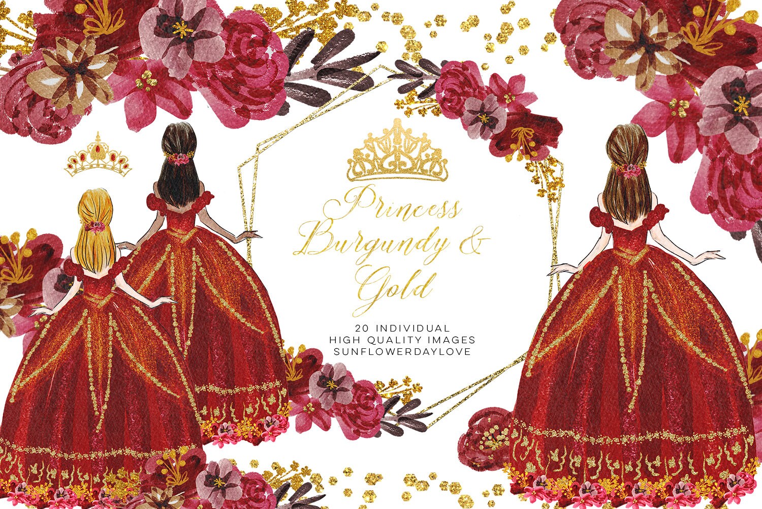 Clipart de quinceañera Princesa Floral y Oro Etsy