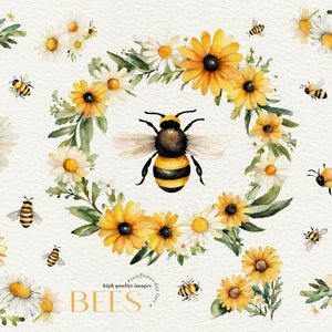 Elegant Sunflowers Bee Watercolor Clipart, Beehive Yellow Flower Honey Comb Gold Glitter clipart, Bumble Bee & Daisy Greenery Floral Clipart