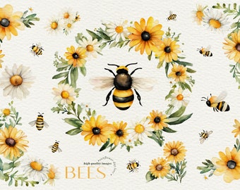 Elegant Sunflowers Bee Watercolor Clipart, Beehive Yellow Flower Honey Comb Gold Glitter clipart, Bumble Bee & Daisy Greenery Floral Clipart