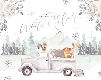 Arctic Watercolor Winter Woodland Animals Clipart, Elegant Christmas Mountain Clipart, Bear Forest Animal, Winter Silver Snowflake clipart