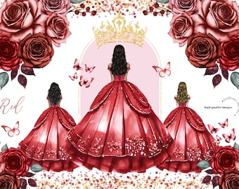 Élégante princesse rouge robe papillon roses Floral Clipart, fleurs rouges aquarelle Quinceañera or couronne robe de mariée mexicaine Clipart CA171