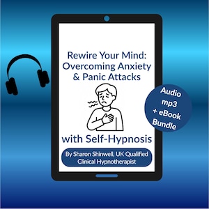 May include: A digital tablet shows the text "Rewire Your Mind: Overcoming Anxiety & Panic Attacks with Self-Hypnosis." An audio mp3 and eBook bundle is advertised. Black headphones are shown on the left.
