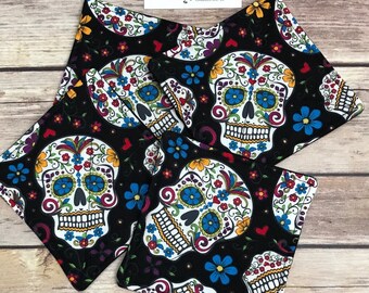DAY of the DEAD COASTERS! Sugar Skulls Quilted Coasters. Fabric Coasters. Day of the Dead. Housewarming. Bridal. Wedding. Bar Ware. Coasters