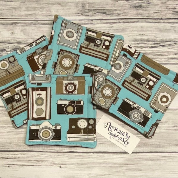 VINTAGE CAMERAS Quilted Fabric Coasters! Perfect Gift for Photographer. Co Worker. Birthday. Teacher. Housewarming. Admin. Friend. Prize.