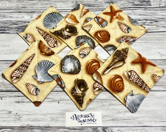 SEASHELL FABRIC Coasters! Seashells. Beach Shell Coasters. Nautical Coasters. Absorbent. Fabric. Quilted Coasters. Housewarming Gift.