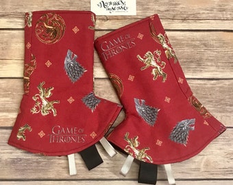 Thrones Drool Pads: Handmade Carrier Strap Covers with Ribbon Tags. Universal Fit.