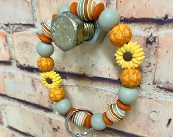 Sunflower Silicone Beaded Wristlet Keychain with Tassel. Sunflowers.
