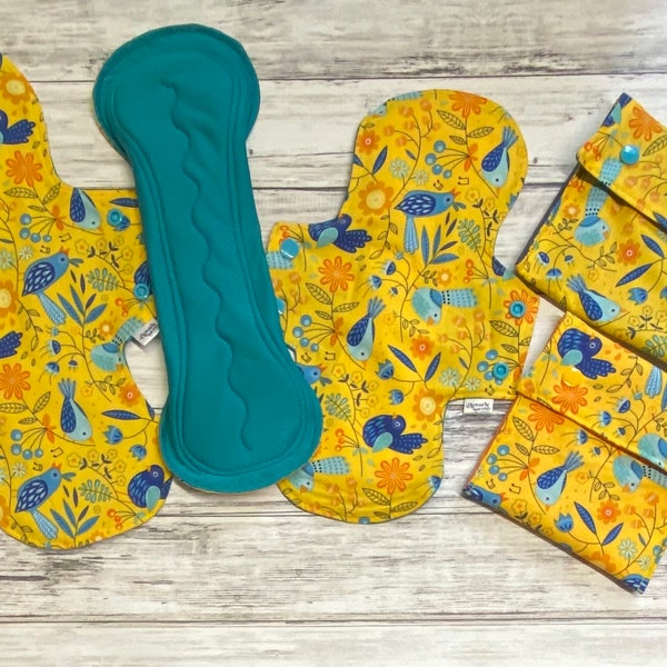 BIRDS on Yellow Reusable Cloth Pads. Athletic Wicking Jersey Topper. 11", 12", 13". Medium to Heavy Flow. Menstrual Pads. Wrap Wings. Snaps.