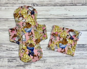 Ready to Ship Reusable Cloth Pad Beauty and Beast Cotton Topper Green Fleece Back 12" Heavy Flow Overnight Period Pad for Tween Princess