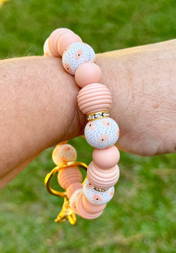 Portachiavi Braccialetto Donna Con Perline Silicone E Nappa - Rosa