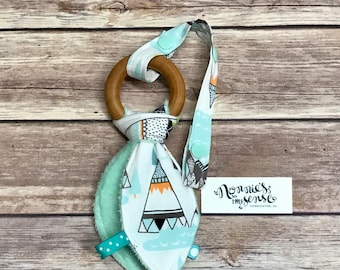 CUSTOM BUNNY Ears. You choose fabrics. Natural Beech Wood Ring. Add Crinkle Paper, Engraving, Tether with Snaps. Unique Baby Shower Gift.