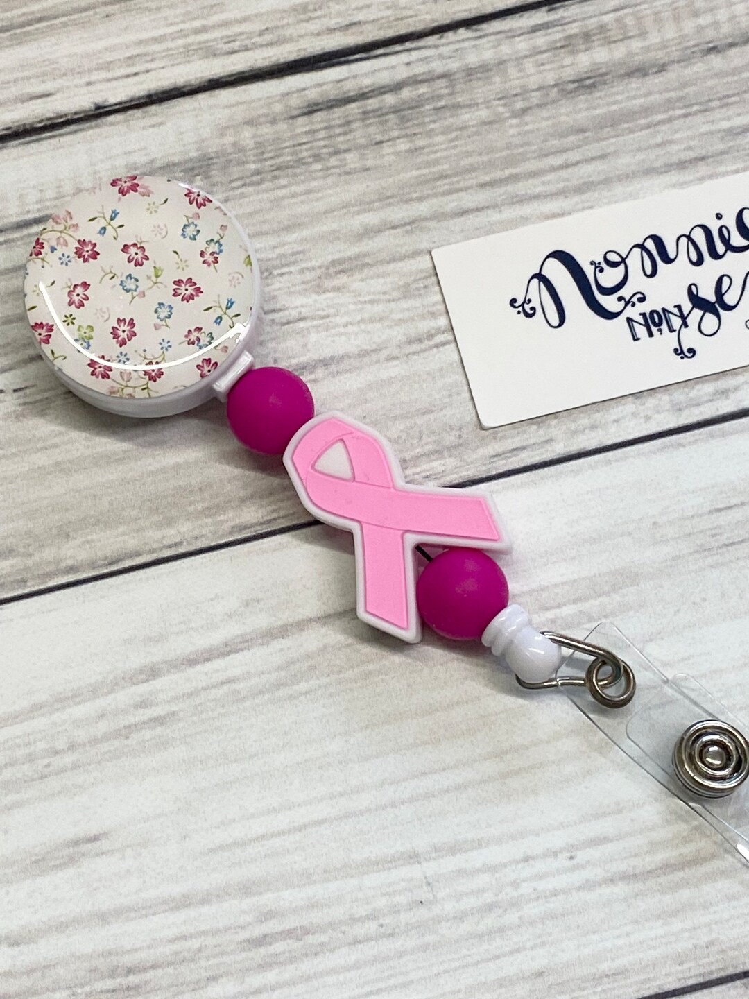 BREAST CANCER Awareness Badge Reel. Silicone Beaded. ID Card Holder
