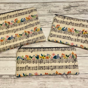 MUSIC Notes FLOWERS Zipper POUCH! Rifle Paper Co Linen Canvas. 3 Sizes! Fully Lined. Travel. Make Up. Art Supplies. Medicines. Purse. Gift.