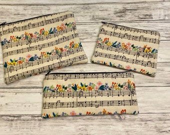 MUSIC Notes FLOWERS Zipper POUCH! Rifle Paper Co Linen Canvas. 3 Sizes! Fully Lined. Travel. Make Up. Art Supplies. Medicines. Purse. Gift.