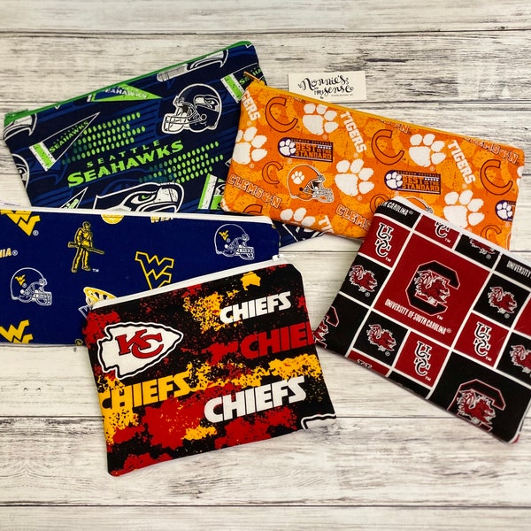 CUSTOM Sports Team Zipper Pouch! College. NFL. NBA. 3 Sizes! Fully Lined. You Choose Team Fabric! Ideal Gift for Students, Grads and Fans!