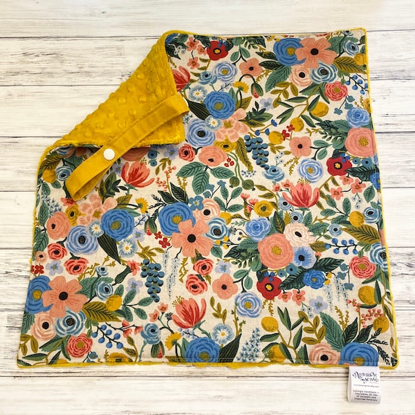 GARDEN PARTY Lap LOVEY! Rifle Paper Co. Large Lap Lovey. 15"x15". New Baby. Toddler. Lovey. Soft Minky Reverse. Adjustable Tether. Car Seat.