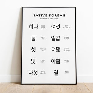 Native Korean Number Print, Hangul Counting Chart Poster, Black & White Language Learning Wall Art