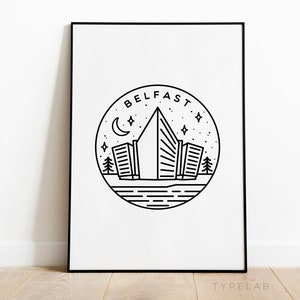 Belfast Print Northern Ireland Wall Art, Monoline Travel Irish Wall Decor, Titanic Museum Black and White Poster