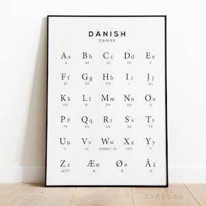 Dänisches Alphabet Print, Sprachlerntabelle Poster, Dänemark Wand Kunst Schwarz & Weiß Wanddekor