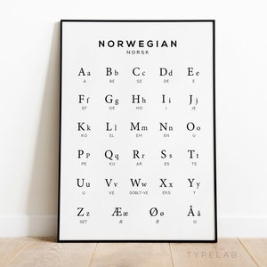 Norwegian Alphabet Chart Print, Norway Print, Alphabet Poster, Norwegian Language Chart Wall Art, Black & White Wall Art, Scandi Wall Decor
