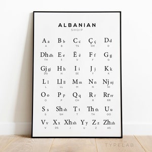 Albanian Alphabet Print, Albania Language Chart Wall Art, Black & White Wall Art, Language Learning Poster
