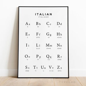 Póster con alfabeto italiano impreso o gráfico de aprendizaje de idiomas: arte mural educativo en blanco y negro