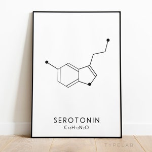 Serotonin Molecular Structure Print, Happiness Molecule Poster, Black & White Chemistry Wall Art