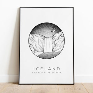 Stampa artistica dell'Islanda, stampa di Skogafoss, poster di viaggio della cascata di Skogafoss in Islanda, arte a pois di Skogar, decorazione murale dell'Islanda, arte murale con paesaggio
