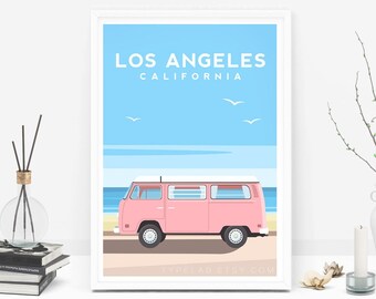 Los Angeles USA Print | Pink Camper Van Travel Poster - California America Wall Art