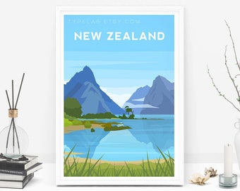 New Zealand Art Print, Milford Sound Travel Print, Mitre Peak Poster, Fiordland National Park Wall Decor, New Zealand Wall Art Illustration