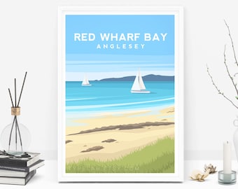 Red Wharf Bay Print, Anglesey Wall Art, North Wales Poster, Coastal Beach Illustration Wall Decor