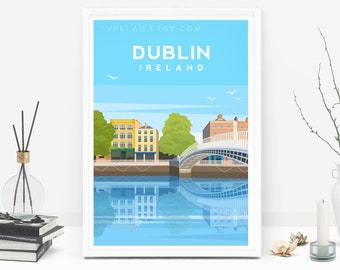 Dublin Art Print, Ireland Travel Print, Ha'penny Bridge Art Poster, Irish Illustration, Dublin Wall Decor, Landscape Ireland Wall Art