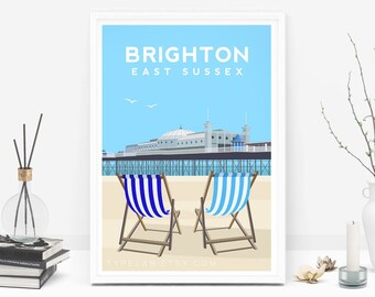 Brighton Art Print, Brighton Pier Travel Print, East Sussex Poster, Strand Print Illustration, britische Wanddekoration, Südengland Wandkunst