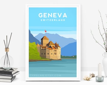 Lake Geneva Art Print, Switzerland Travel Print, European Poster, Europe Wall Decor, Switzerland Print, Lake Geneva Landscape Wall Art