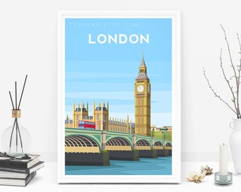 London Art Print, Big Ben Travel Wall Art, London Poster, Westminster Bridge Illustration, England Wall Decor