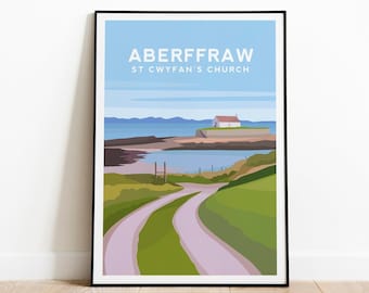 Impresión de Aberffraw, arte de la pared de Anglesey, decoración de la pared del norte de Gales, cartel de viaje costero de la iglesia de St Cwyfan