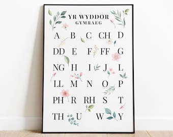 Welsh Alphabet Print, Botanical Yr Wyddor Cymraeg Alphabet Poster, Welsh Language Chart Wall Art, Pink Floral Wall Art, Wales Wall Decor