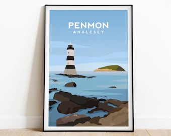Pode incluir: Um pôster minimalista com um farol preto e branco com uma ilha verde no fundo. O pôster tem o texto "PENMON ANGLESEY" no topo e "TYPELAB" na parte inferior.