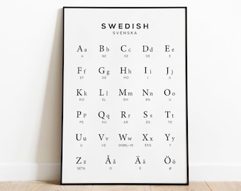 Swedish Alphabet Chart Print, Sweden Print, Alphabet Poster, Swedish Language Chart Wall Art, Black & White Wall Art, Scandi Wall Decor
