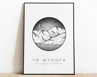 May include: Black and white illustration of a mountain range with a crescent moon and stars in a circle. The text "YR WYDDFA 53.0585° N 4.0763° W" is below the circle.