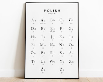 Könnte beinhalten: Ein schwarz-weißes Poster mit dem polnischen Alphabet, betitelt "POLISH" und "POLSKI". Das Poster ist in einem schwarzen Rahmen gerahmt und hängt an einer weißen Wand.