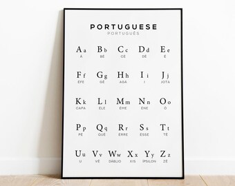 Impresión de tabla del alfabeto portugués, póster del alfabeto portugués, decoración de pared para aprender portugués, arte mural en blanco y negro