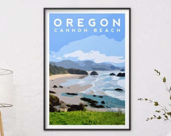 Oregon Art Print, Cannon Beach Travel Print, Beach Poster, Oregon Illustration Outdoor Poster, American Wall Decor, Landscape Wall Art