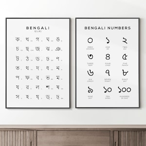 Juego de 2 impresiones del alfabeto y los números bengalíes, póster con gráfico en bengalí, arte de pared en blanco y negro, decoración de pared para el aprendizaje de idiomas