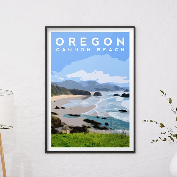 Oregon Art Print, Cannon Beach Travel Print, Beach Poster, Oregon Illustration Outdoor Poster, American Wall Decor, Landscape Wall Art