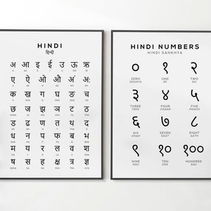 ヒンディー語のアルファベットと数字の印刷可能なアート 2 点セット、ヒンディー語のデジタル プリント、白黒のウォール アート、インドのポスターの即時ダウンロード