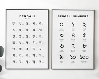 Alfabeto y números bengalíes imprimibles / Arte mural para aprender idiomas (descarga digital)