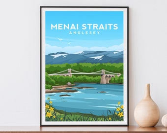 Menai Straits Art Print, Anglesey Wales Travel Poster, Gwynedd Welsh Wall Decor, Snowdonia Landscape Wall Art