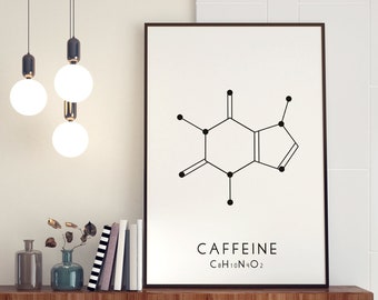Koffein Molekulare Struktur druckbare Kunst, chemische Kaffee Molekül Digitaldruck, schwarz und weiß Wand Kunst sofortiger Download