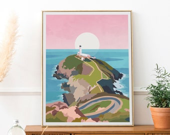 Pode incluir: Uma ilustração digital de um farol branco numa ilha verde com uma estrada sinuosa que leva até ele. A ilha é cercada por água azul e o céu é de um rosa suave.